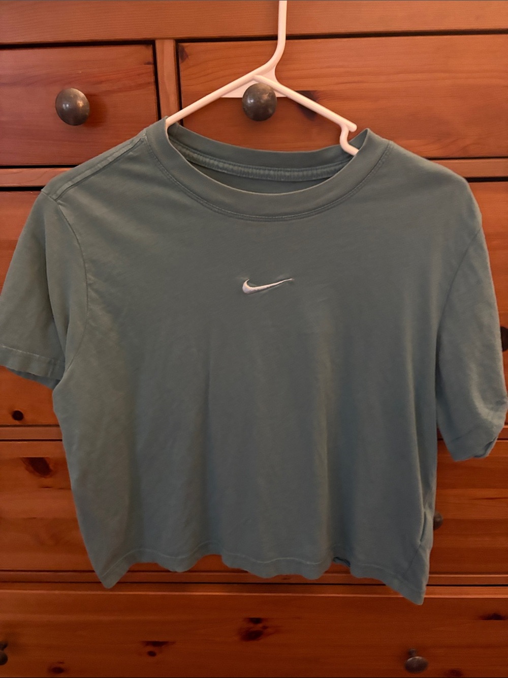 Nike Women's Sage Green Cropped Swoosh Tee - White Logo
